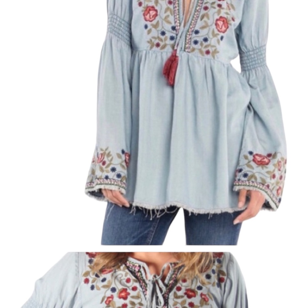 MISS ME: Denim Floral Embroidery Long Sleeve Blouse Size Small - Picture 8 of 13
